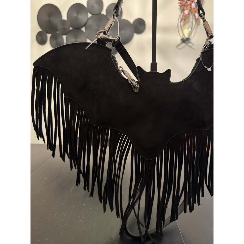 BETSY JOHNSON Suede Halloween Bat Fringe Purse Goth Crossbody Bag Black NWT - Picture 3 of 6